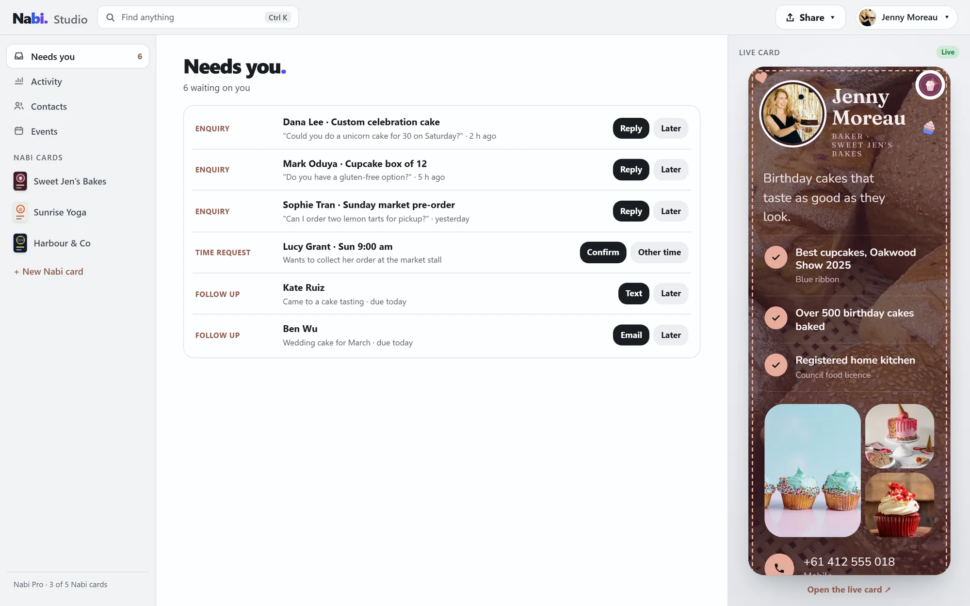 Nabi Studio: Jenny's Needs you list beside her live card