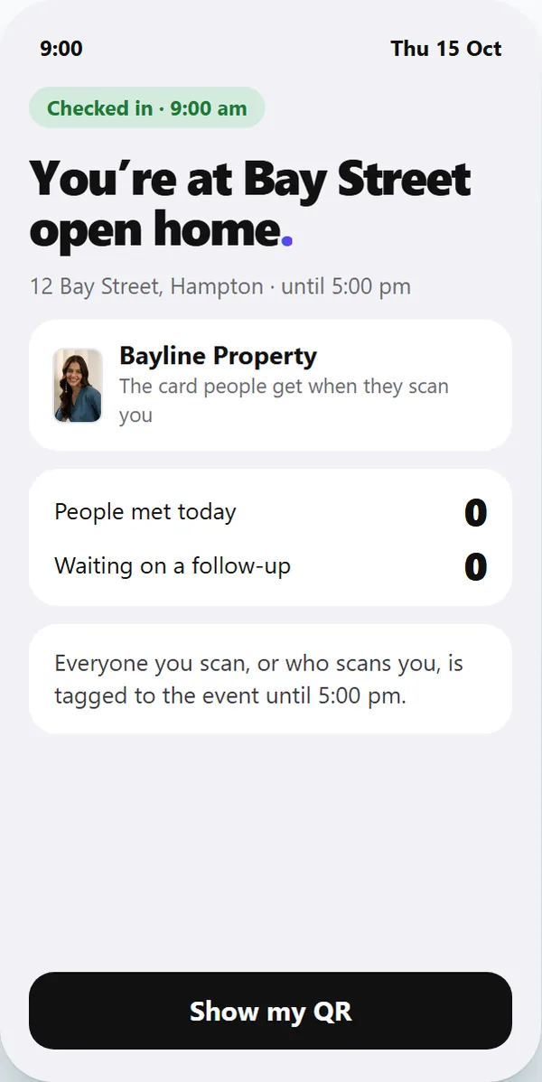 Priya's phone: checked in, you're at Bay Street open home