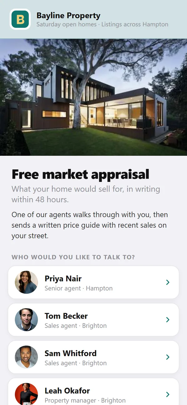 The stand page: Free market appraisal, then who would you like to talk to? Priya, Tom, Sam, Leah or anyone