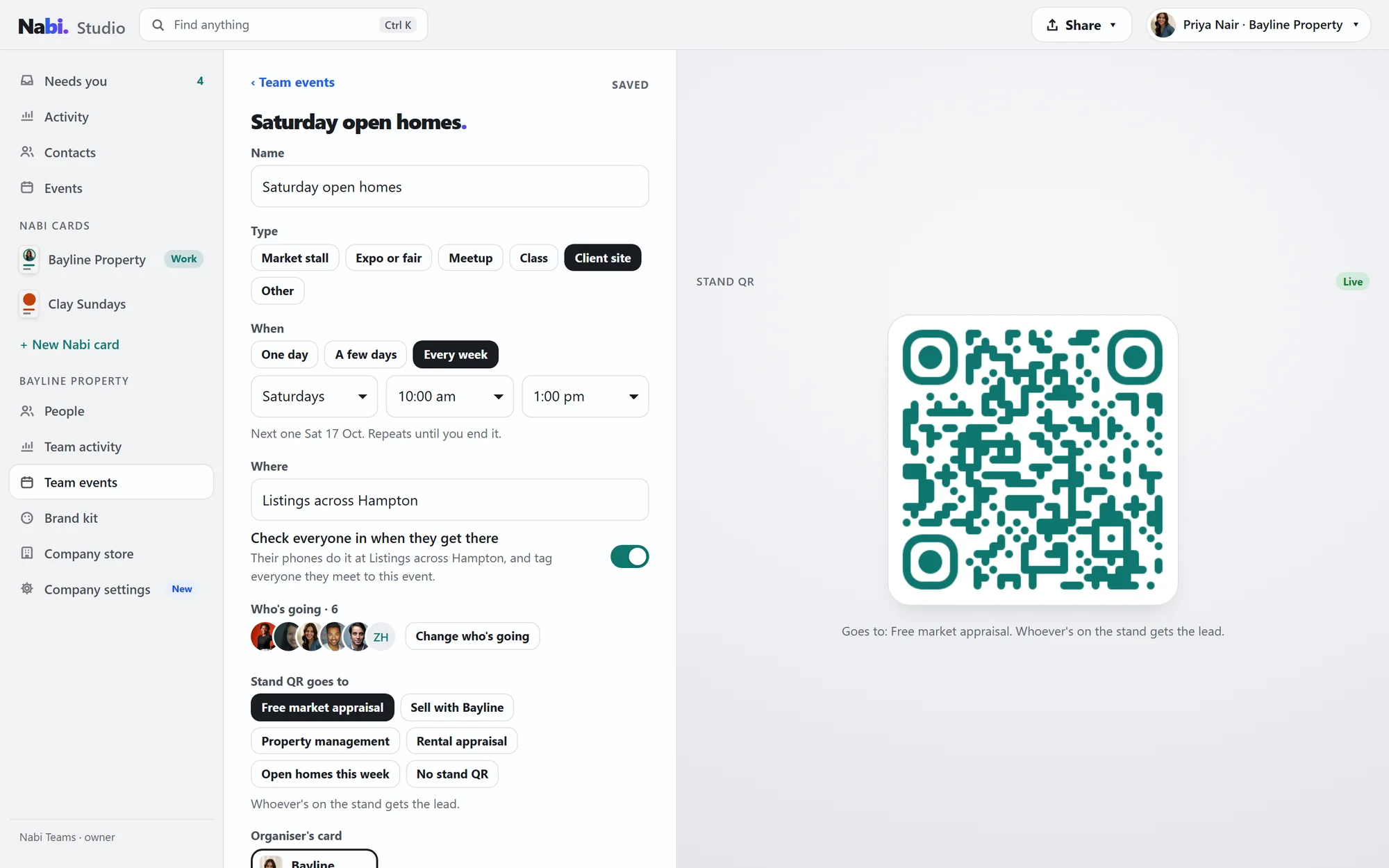 Studio: Saturday open homes, every week, check everyone in, six people going, and the live stand QR