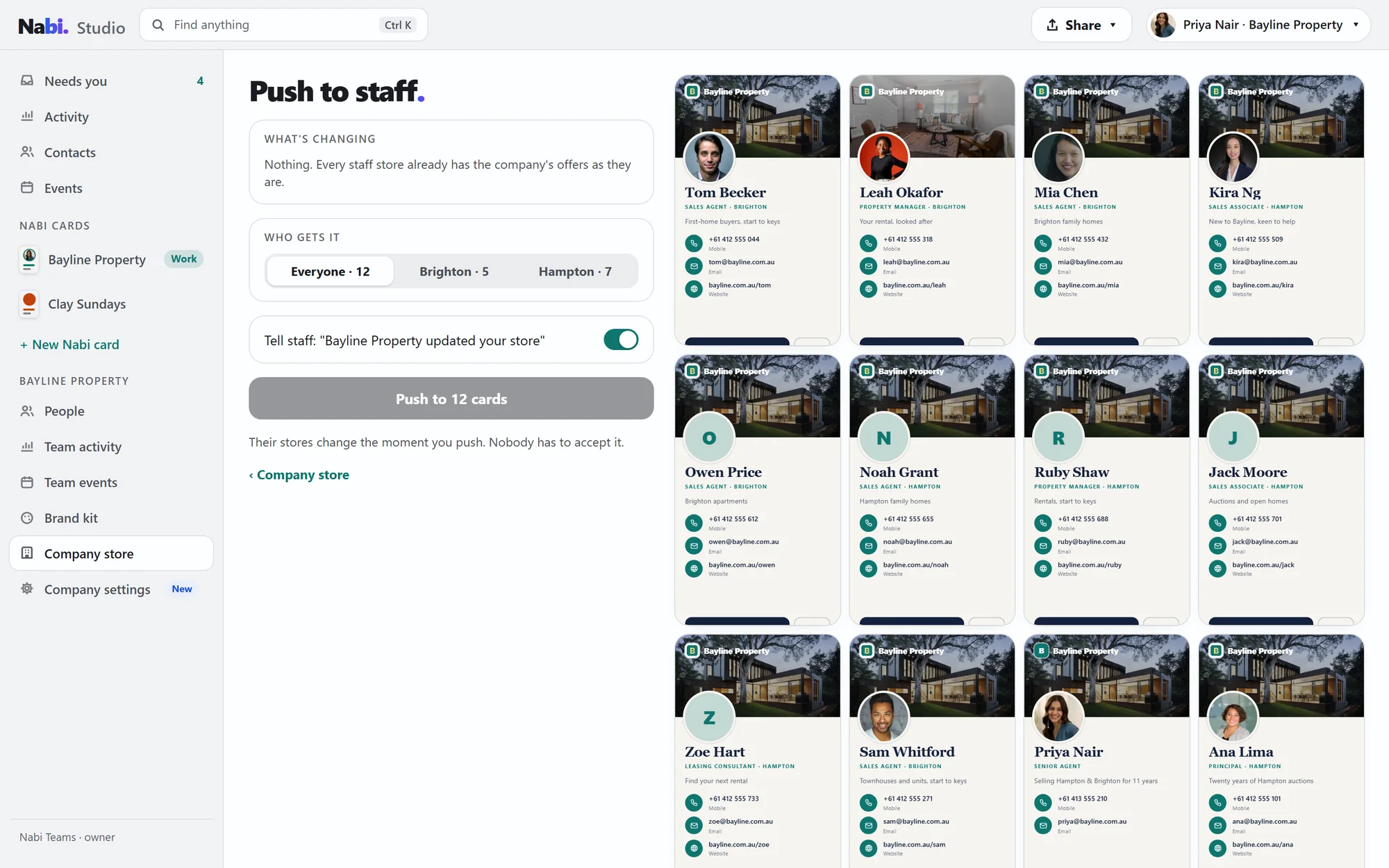 Push to staff: twelve Bayline Property work cards, all in the company's brand